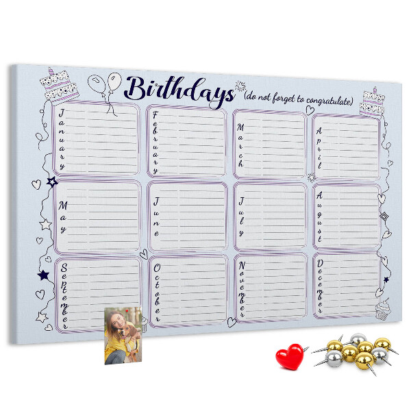 Panou din pluta Calendar de ziua de naștere cu accente colorate
