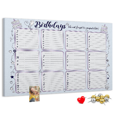 Panou din pluta Calendar de ziua de naștere cu accente colorate