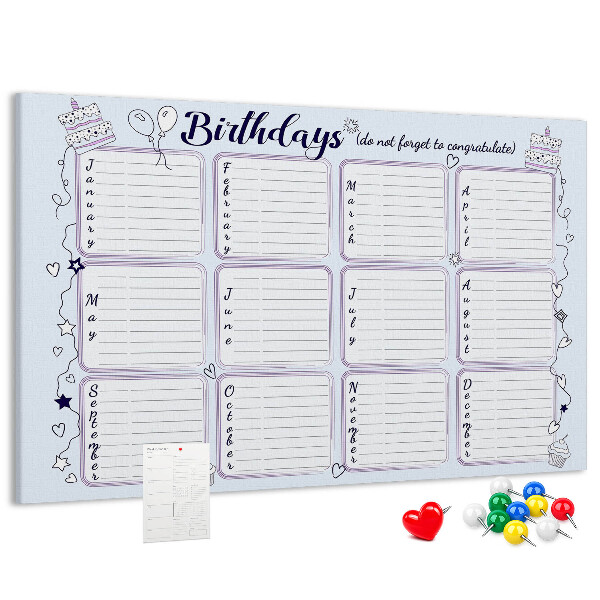 Panou din pluta Calendar de ziua de naștere cu accente colorate