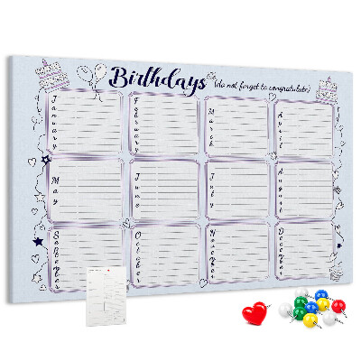 Panou din pluta Calendar de ziua de naștere cu accente colorate