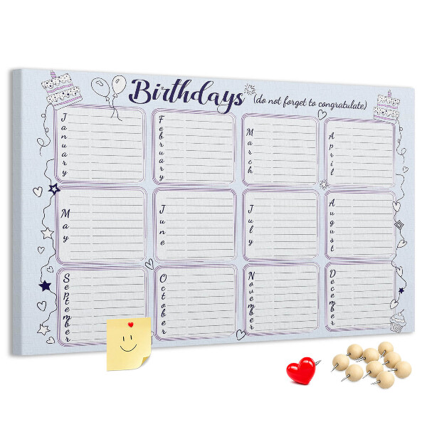 Panou din pluta Calendar de ziua de naștere cu accente colorate