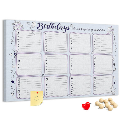 Panou din pluta Calendar de ziua de naștere cu accente colorate