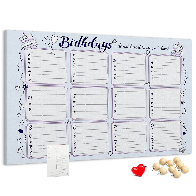 Panou din pluta Calendar de ziua de naștere cu accente colorate