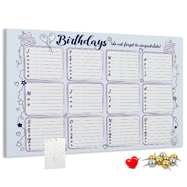Panou din pluta Calendar de ziua de naștere cu accente colorate
