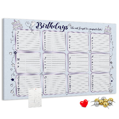 Panou din pluta Calendar de ziua de naștere cu accente colorate