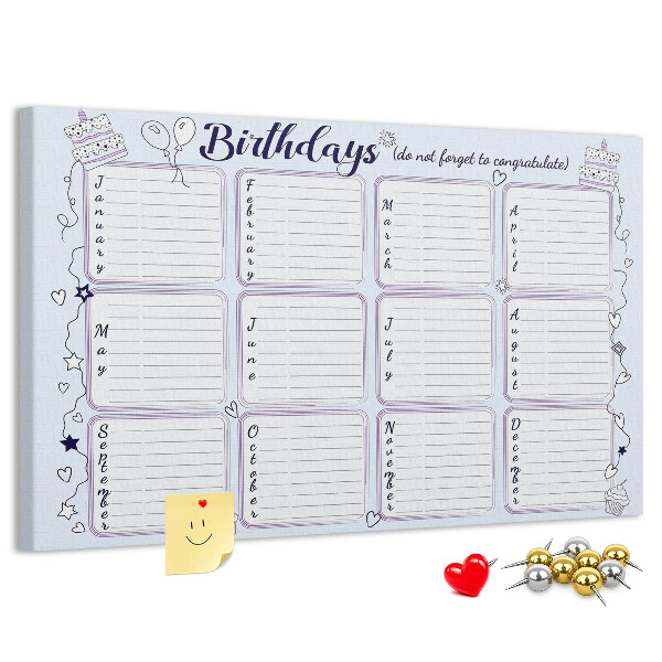Panou din pluta Calendar de ziua de naștere cu accente colorate