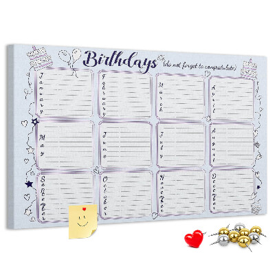Panou din pluta Calendar de ziua de naștere cu accente colorate