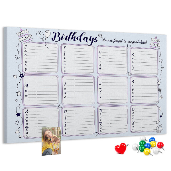 Panou din pluta Calendar de ziua de naștere cu accente colorate