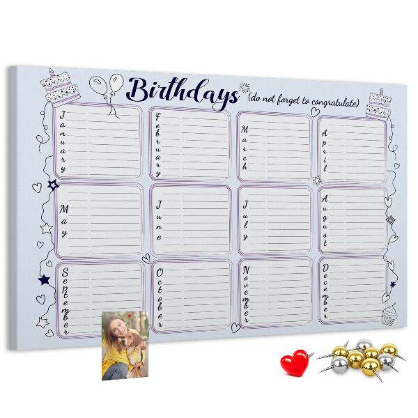 Panou din pluta Calendar de ziua de naștere cu accente colorate