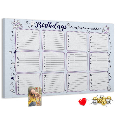 Panou din pluta Calendar de ziua de naștere cu accente colorate