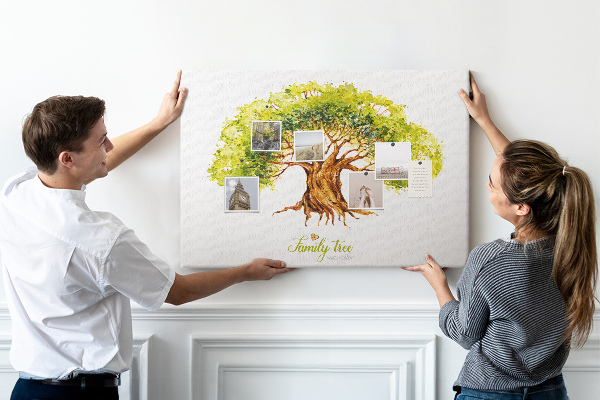 Panou de pluta Arbore genealogic în acuarelă cu frunze
