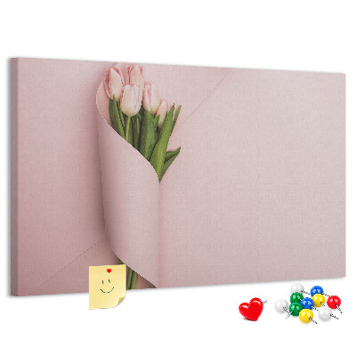 Panou de pluta Lalele delicate pe un fundal roz