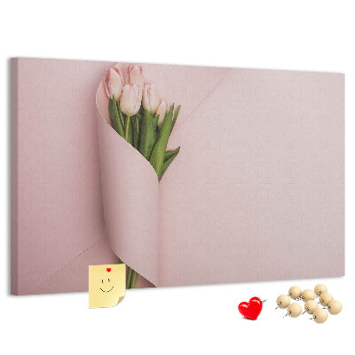 Panou de pluta Lalele delicate pe un fundal roz