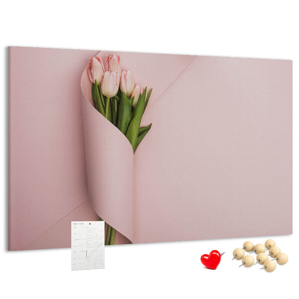 Panou de pluta Lalele delicate pe un fundal roz