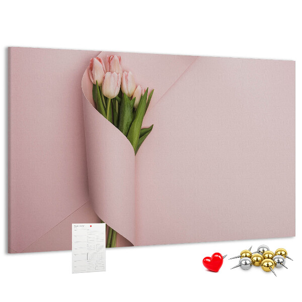 Panou de pluta Lalele delicate pe un fundal roz