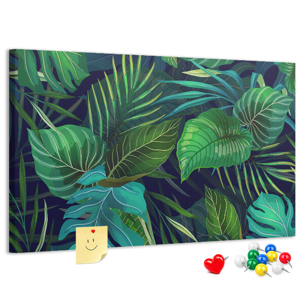 Panou de pluta Frunze tropicale pe un fundal întunecat