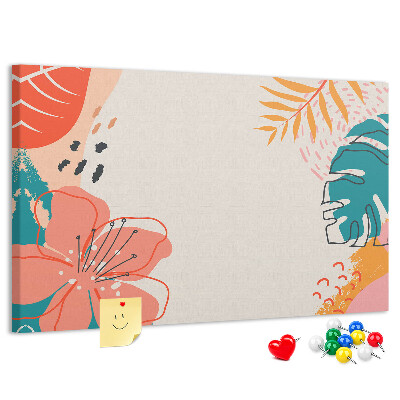 Panou de pluta Model tropical cu frunze și flori colorate