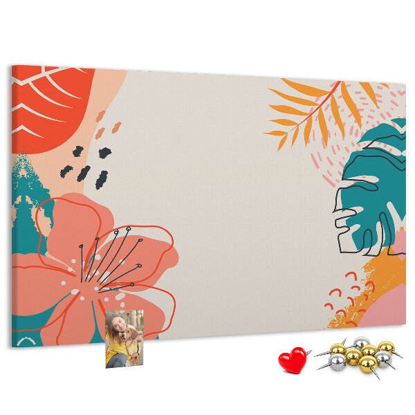 Panou de pluta Model tropical cu frunze și flori colorate