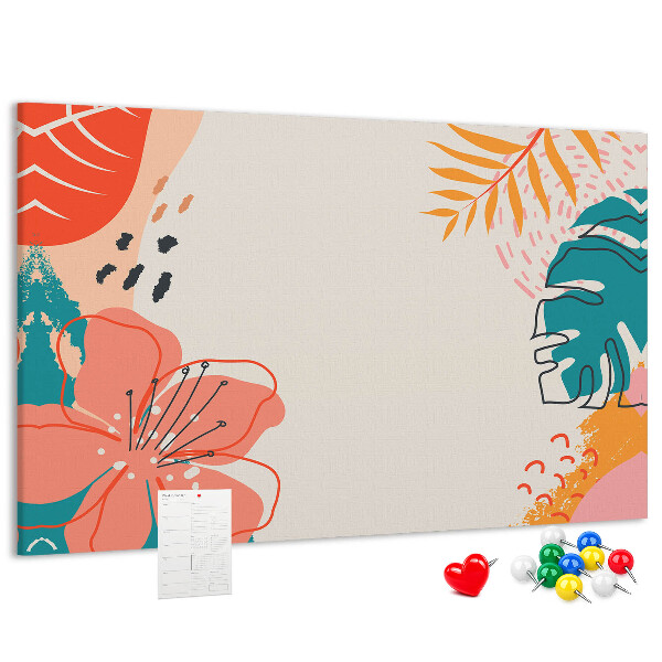 Panou de pluta Model tropical cu frunze și flori colorate