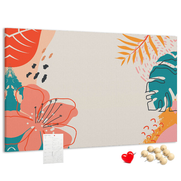 Panou de pluta Model tropical cu frunze și flori colorate
