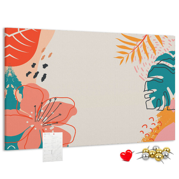 Panou de pluta Model tropical cu frunze și flori colorate
