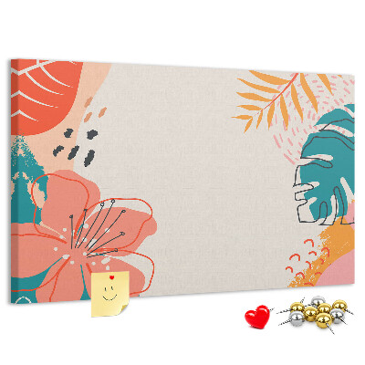 Panou de pluta Model tropical cu frunze și flori colorate