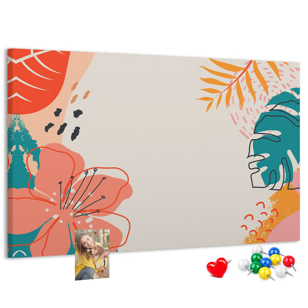 Panou de pluta Model tropical cu frunze și flori colorate