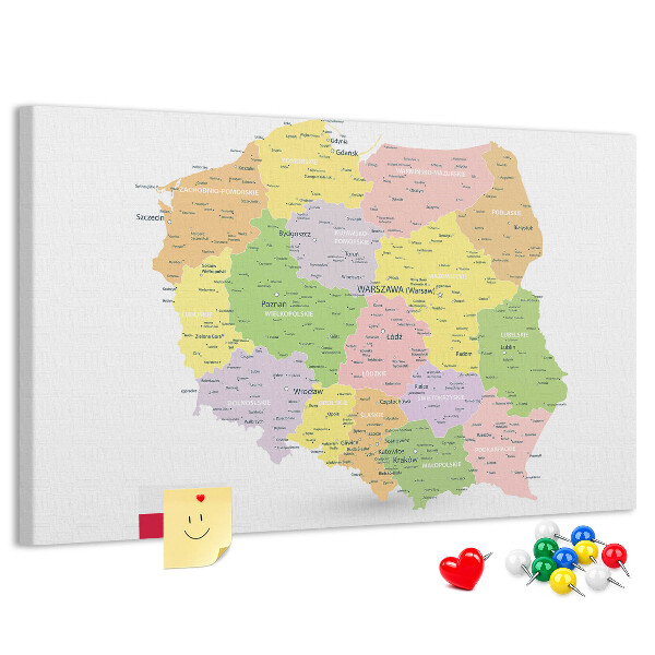 Panou de pluta Harta Poloniei cu diviziune administrativă.