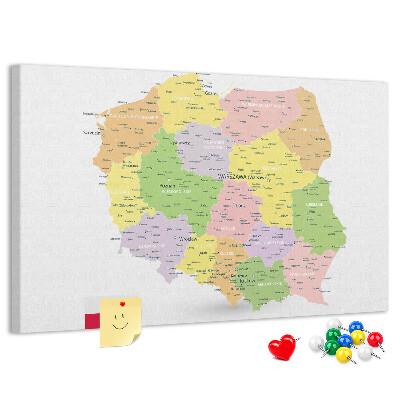 Panou de pluta Harta Poloniei cu diviziune administrativă.