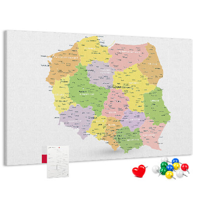 Panou de pluta Harta Poloniei cu diviziune administrativă.
