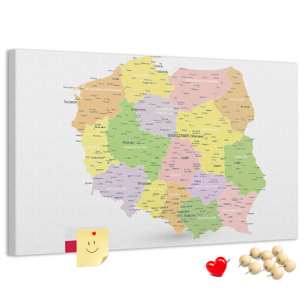 Panou de pluta Harta Poloniei cu diviziune administrativă.