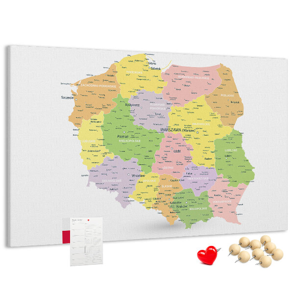 Panou de pluta Harta Poloniei cu diviziune administrativă.
