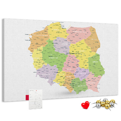 Panou de pluta Harta Poloniei cu diviziune administrativă.