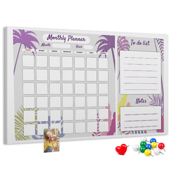 Panou din pluta Calendar lunar cu motiv de plante tropicale