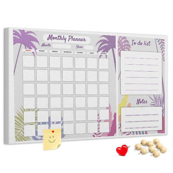 Panou din pluta Calendar lunar cu motiv de plante tropicale