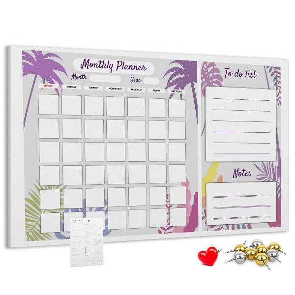 Panou din pluta Calendar lunar cu motiv de plante tropicale