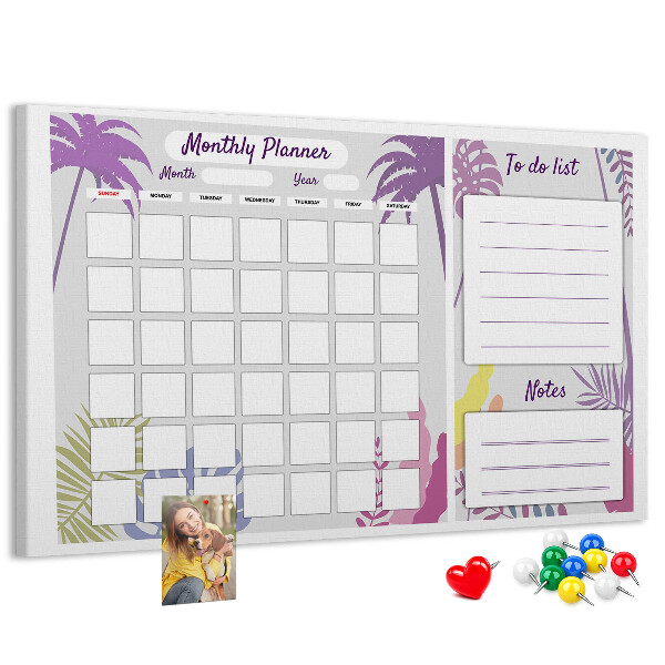 Panou din pluta Calendar lunar cu motiv de plante tropicale