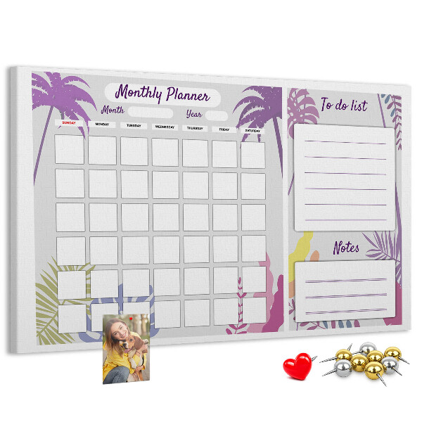 Panou din pluta Calendar lunar cu motiv de plante tropicale
