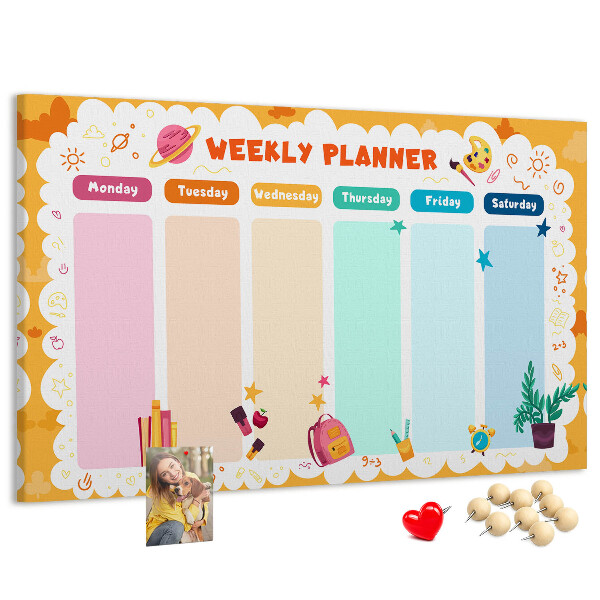 Panou din pluta Planificator săptămânal colorat cu teme școlare