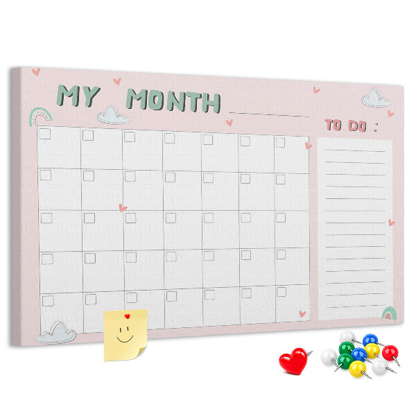 Panou din pluta Calendar roz cu nori și inimioare
