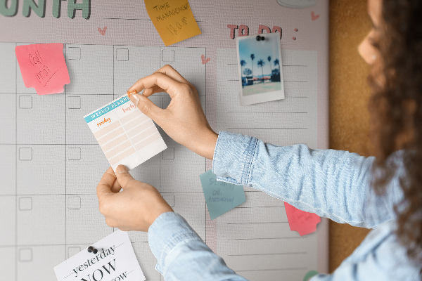 Panou din pluta Calendar roz cu nori și inimioare