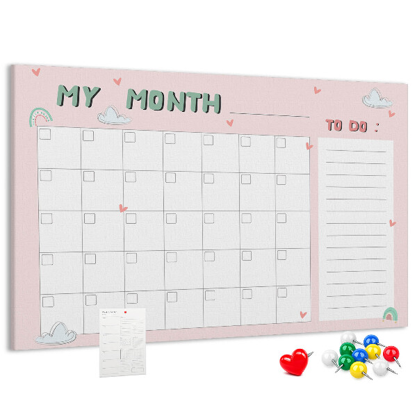 Panou din pluta Calendar roz cu nori și inimioare