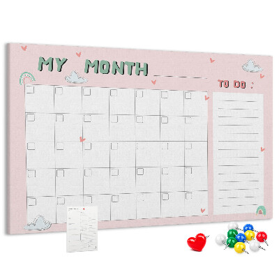 Panou din pluta Calendar roz cu nori și inimioare