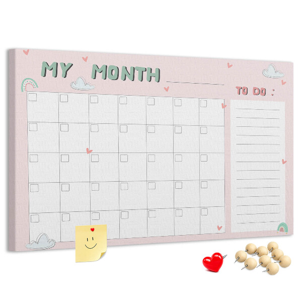 Panou din pluta Calendar roz cu nori și inimioare