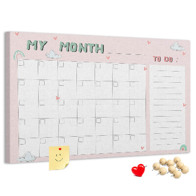 Panou din pluta Calendar roz cu nori și inimioare