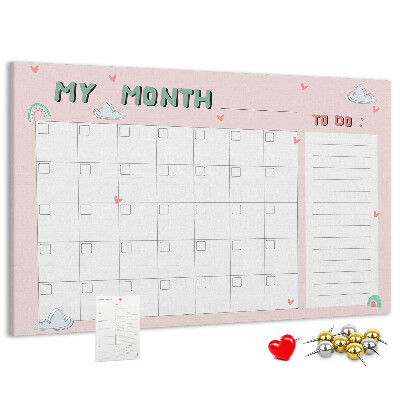 Panou din pluta Calendar roz cu nori și inimioare