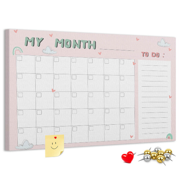 Panou din pluta Calendar roz cu nori și inimioare