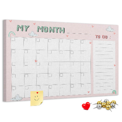 Panou din pluta Calendar roz cu nori și inimioare