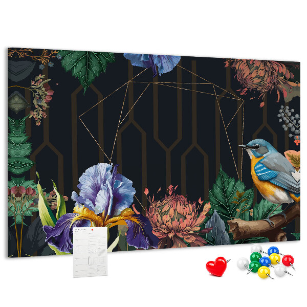 Panou de pluta Model floral cu o pasăre colorată
