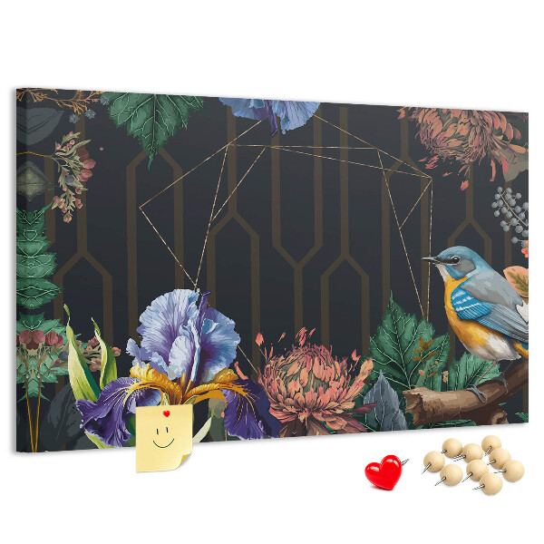 Panou de pluta Model floral cu o pasăre colorată